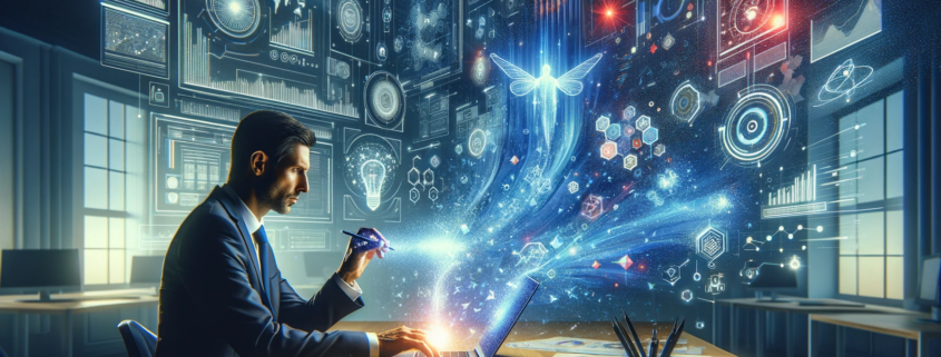 A Virtual Chief Information Officer (vCIO) focuses intently on a laptop, from which futuristic big data analytics visualizations—complex graphs, flowcharts, and holographic data points—emerge into the air, symbolizing deep insights and growth opportunities for small businesses. The scene, set against a deep night blue background, features dynamic red accents within the data visualizations and crisp white highlights, adhering to IPRO’s branding color palette. This artwork represents the transformative impact of vCIO services and big data analytics on enhancing small business strategies and potential.